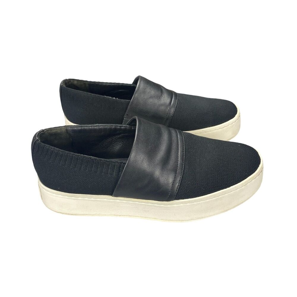 Vince Ward Slip On Sneaker Women's 7.5M Black Knit Top‎ Leather Band Round Toe